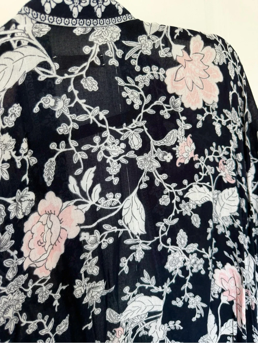 LOFT Black Floral Open-Front Kimono with Pink and White Blooms